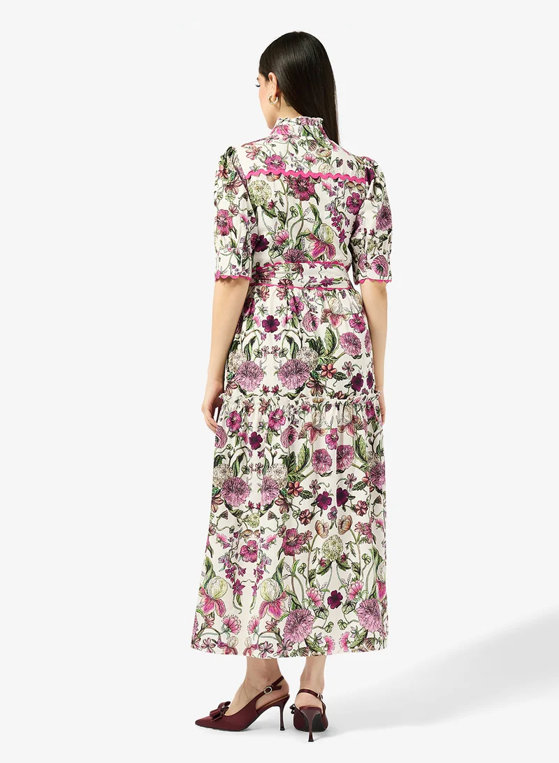 Hope & Ivy Button Front Midi Dress With Tiered Skirt And Tie Waist